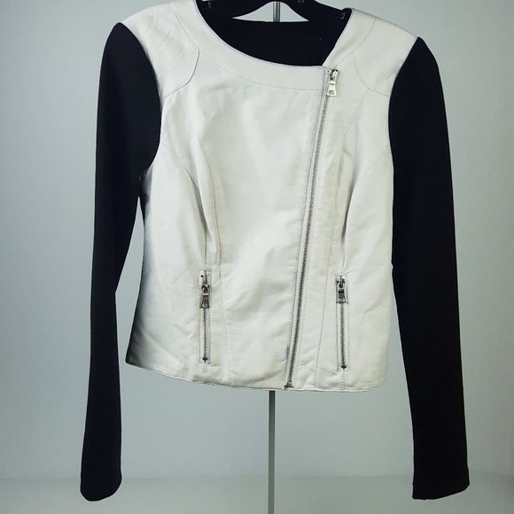 Guess Faux Leather Jacket White Black Zippered S - Picture 1 of 10